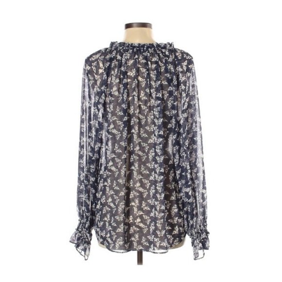LOFT Women’s Blue Butterfly Print Sheer Ruffle Tie Neck Blouse Size L - Picture 2 of 4